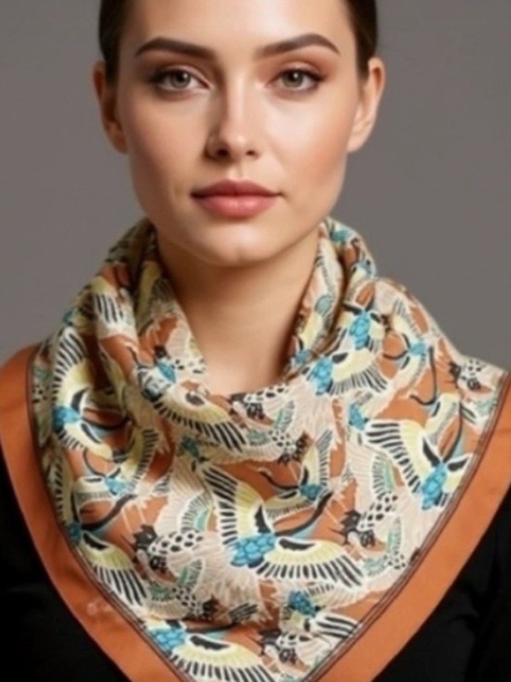 Silk-Feel Bird Print Women's Scarf in Rust and Cream